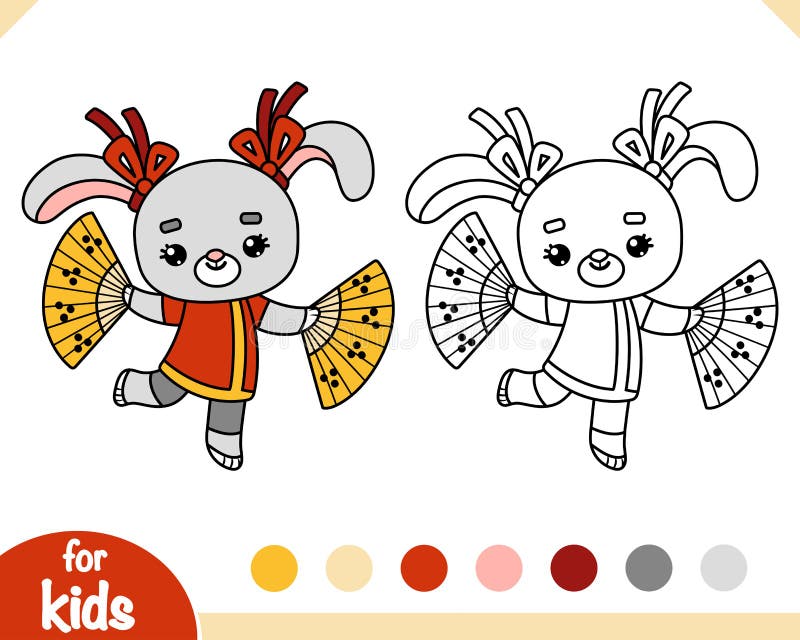 Coloring book for kids, Chinese new year character rabbit and fans vector illustration