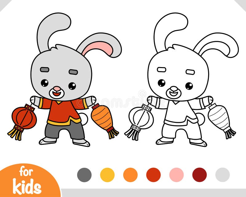 Coloring book for kids, Chinese new year character rabbit and lanterns royalty free illustration