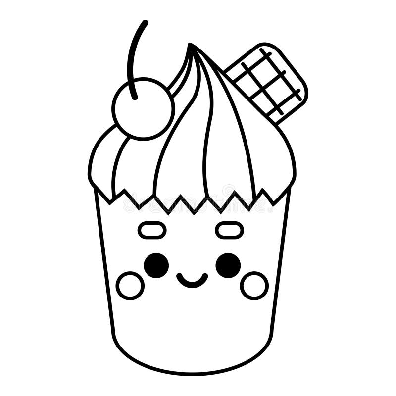 Coloring Book for Kids, Cupcake and Cherry with a Cute Face Stock