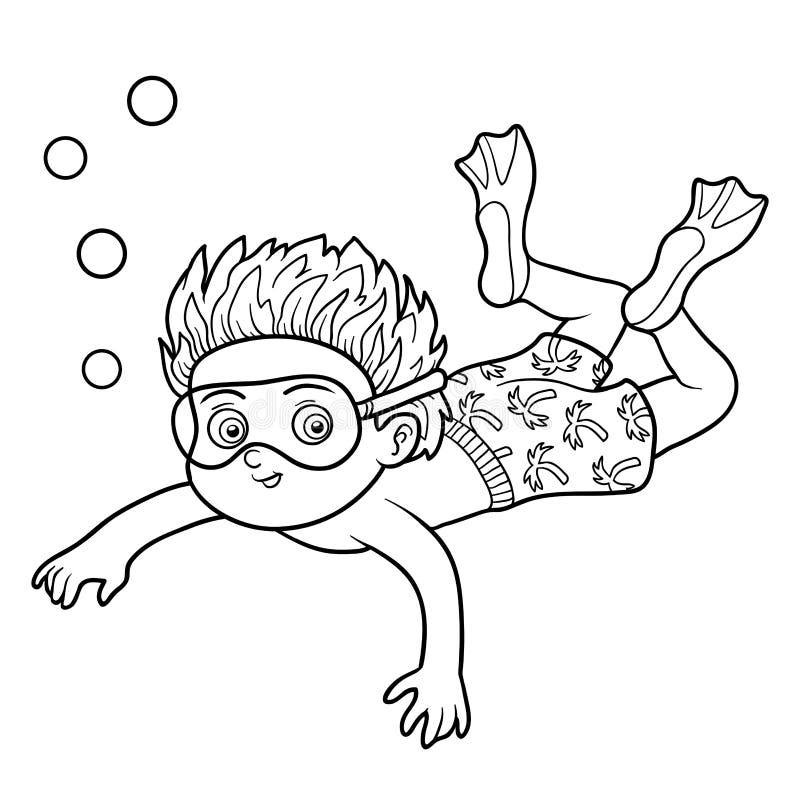 Coloring book, little boy swimming in the sea