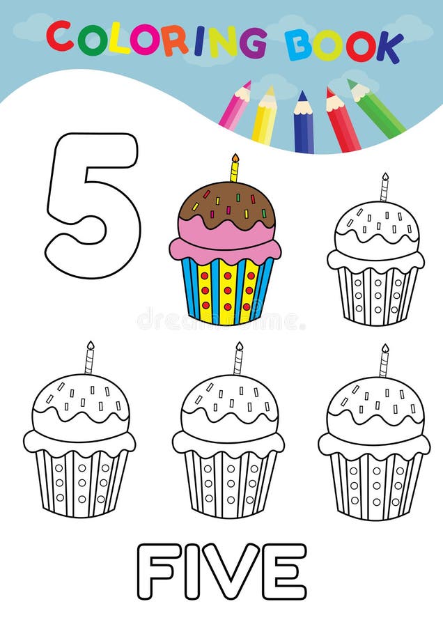 Coloring book number five with 5 cupcakes vector for kids and ed stock illustration Coloring book number five with 5 cupcakes vector for kids and ed stock illustration