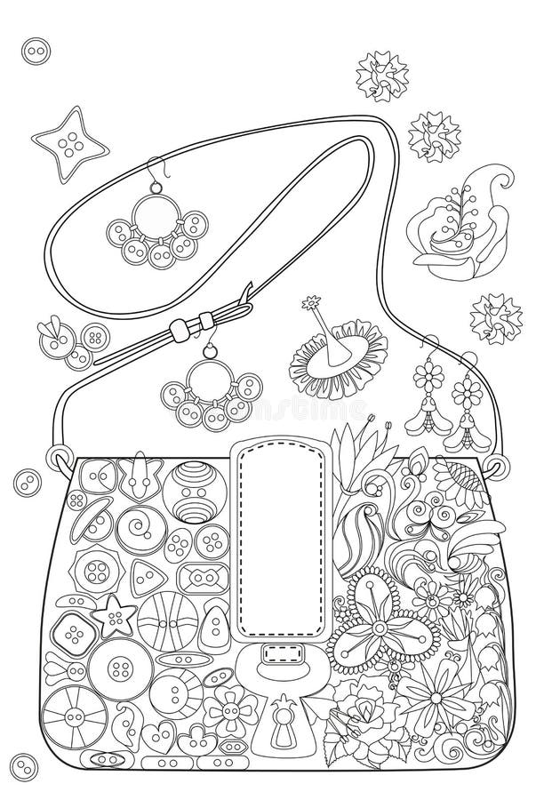 Download Coloring Book Page For Adults. Grown Ups. Bag With Flowers And Buttons. Stock Vector ...