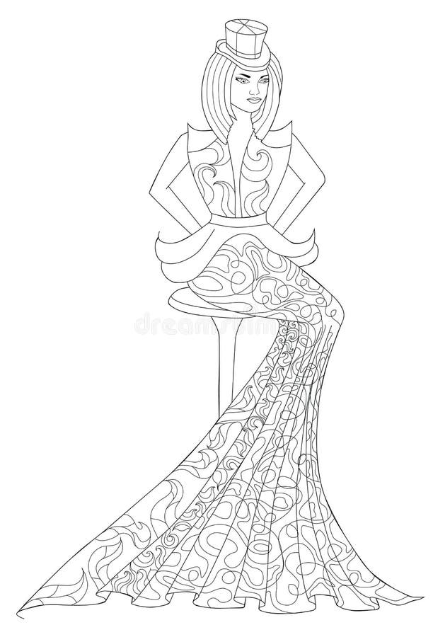 Coloring Book Page For Adults. Sitting Girl In A Long 