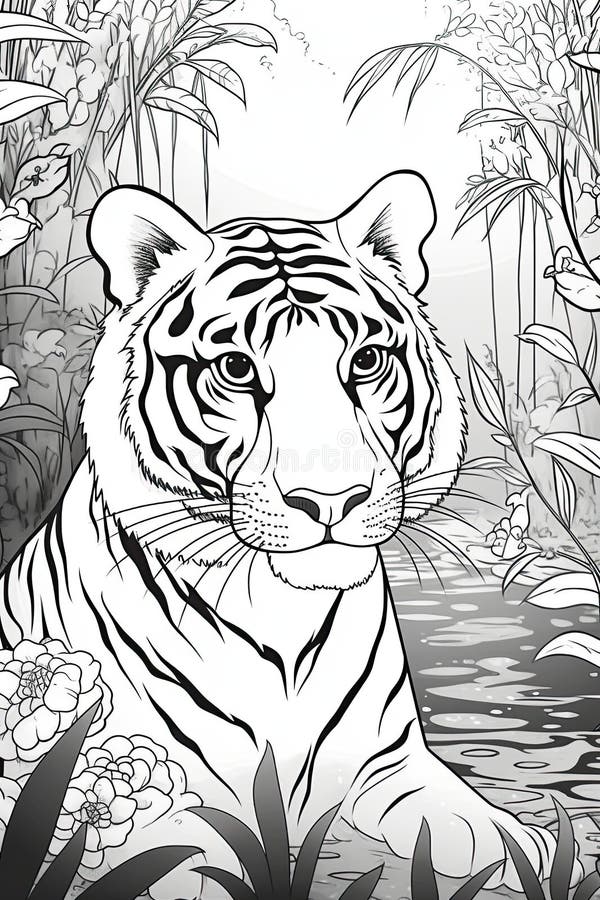 Coloring Book Page. Cartoon Animals for Kids, Tiger. Generative AI ...