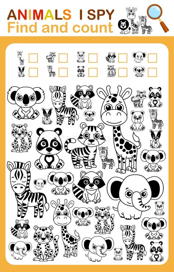 coloring book page i spy count and color zoo animal printable worksheet for kindergarten and preschool stock vector illustration of giraffe raccoon 231226170