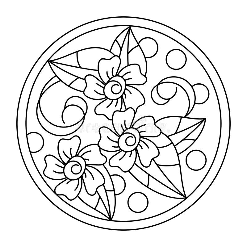 Coloring book page for kids. Flowers and doodle elements. Hand drawn pattern in circle