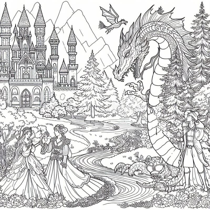 Coloring Book the Princess and the Dragon Stock Photo - Image of