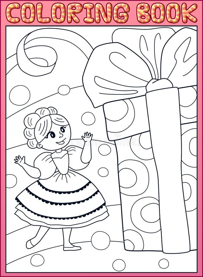 Coloring book. Princess girl with a birthday gift