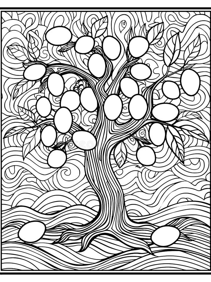 Coloring, Tree with Easter Eggs. Antistress Patterns. Raster