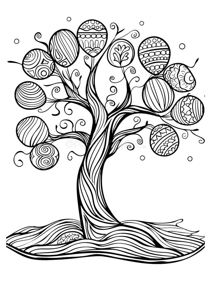 Coloring, Tree with Easter Eggs. Antistress Patterns. Vector