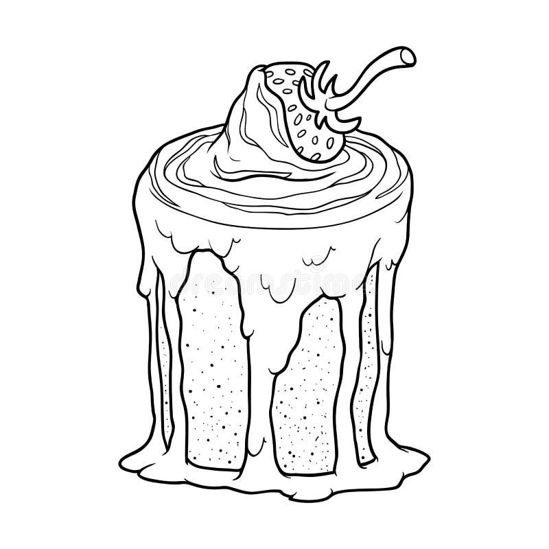 Coloring Book, Vector Chocolate Cake with Strawberry Stock Vector