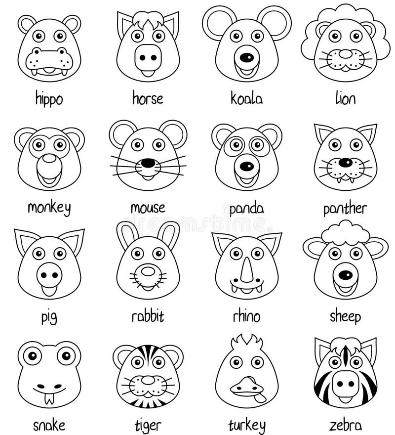 Coloring Cartoon Animal Faces Set [2] Stock Vector - Illustration of animal,  farm: 89513025