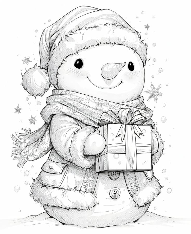 Coloring for Children, Coloring Snowman with a Gift. Stock Image