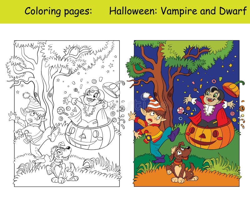 Coloring and Colorful Halloween Kids in Costume of Vampire and Gnome ...