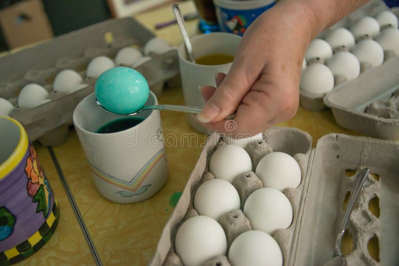 Coloring Easter Eggs with Dye is a Fun Holiday Tradition Stock Photo