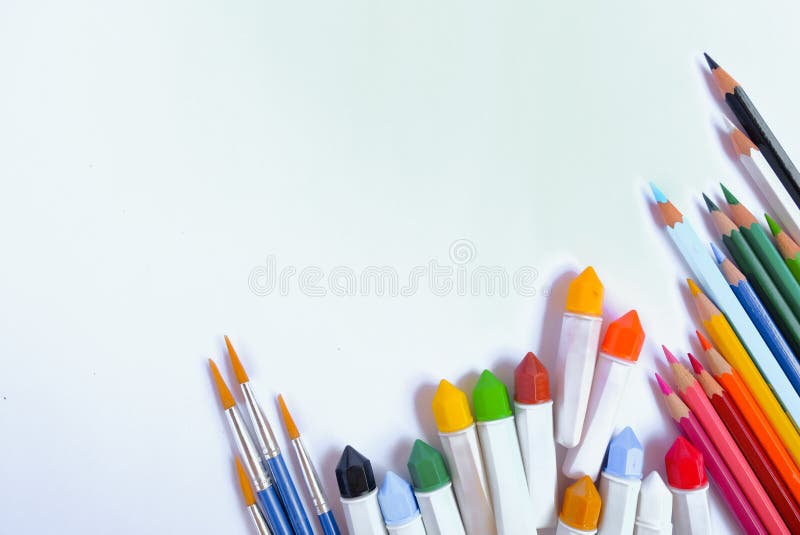 Coloring equipment  on white background close up with Clipping pat,flay out view and copy space.Beautiful color pencils.Co