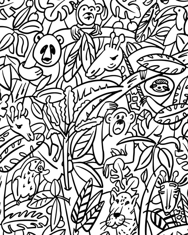 Coloring. Jungle Animals among Leaves. Black Outline. Vector