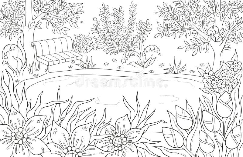 https://thumbs.dreamstime.com/b/coloring-page-adult-kids-coloring-book-bullet-journal-summer-landscape-bench-tees-leaves-flowers-lake-coloring-131584433.jpg