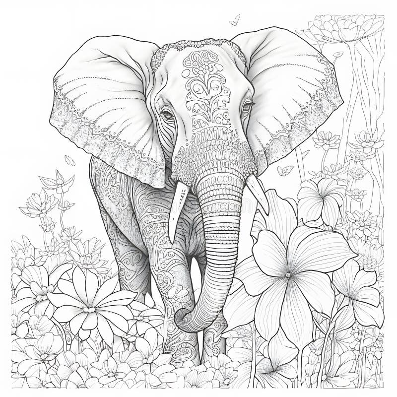 Coloring Page for Adults. African Elephant in Line Art Style Created ...