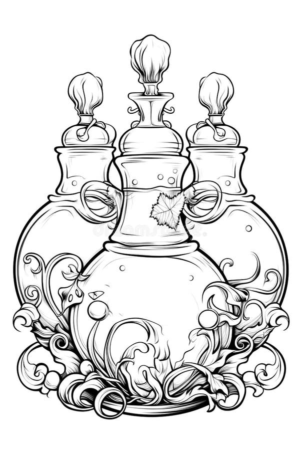 Coloring Page for Adults, Witch Potion, Cartoon Style, on White Stock