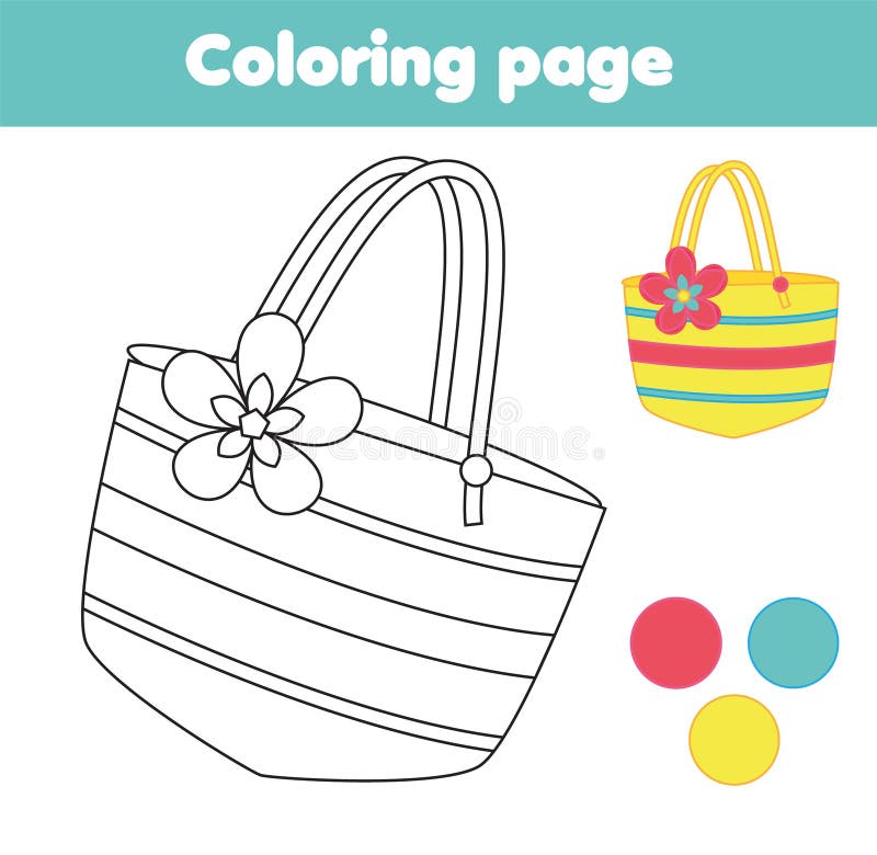 Coloring Page with Beach Tote Bag. Drawing Kids Activity Stock Vector