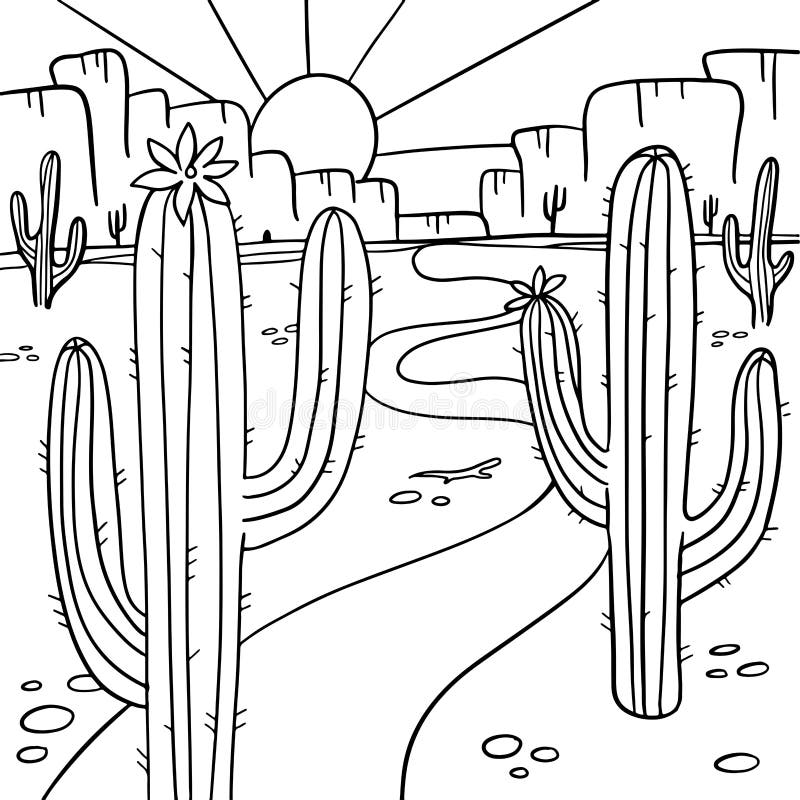 Coloring Page with Blooming Cactus in the Arizona Desert. Coloring Book