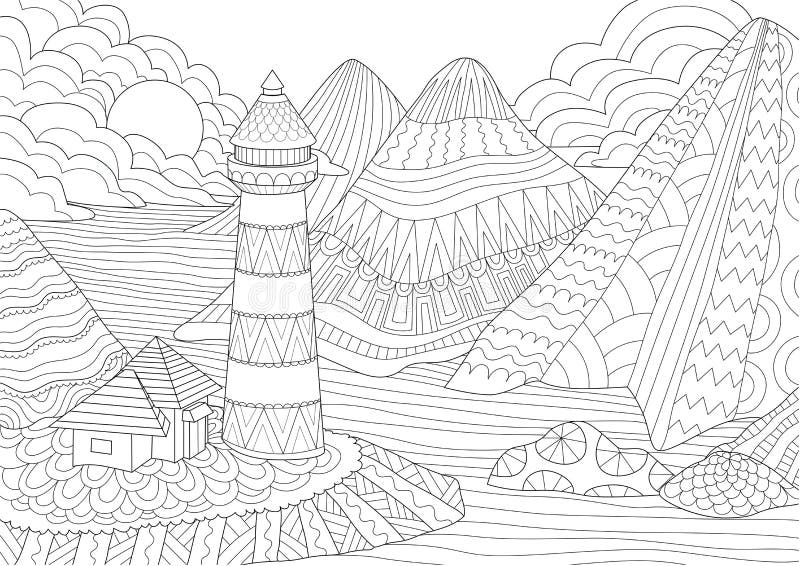 Coloring Page. Coloring Book for adults. Colouring pictures of light house among mountains,sun and rocks. Antistress freehand sket