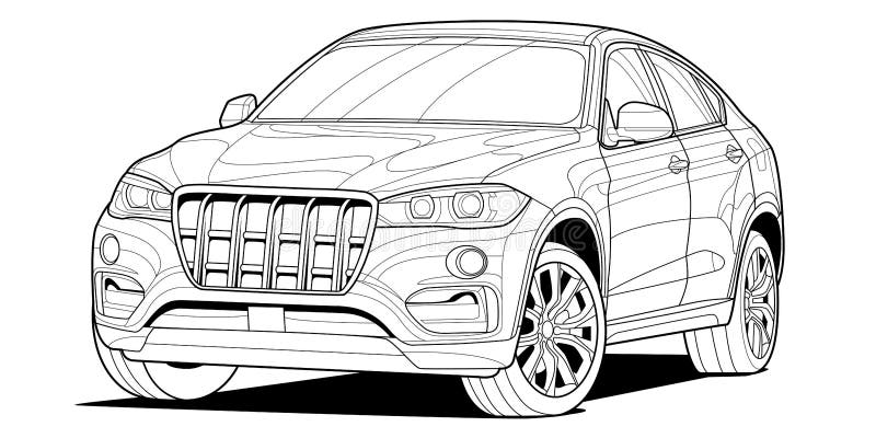 Coloring page vector line art illustration car for book and drawing. Black  contour sketch. Isolated on white background. High-speed drive vehicle.  Graphic element. Stroke without fill Stock Vector