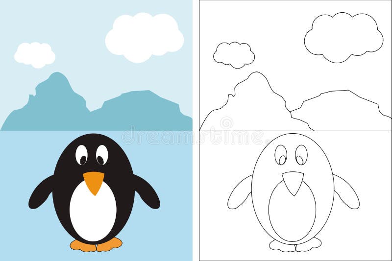 Coloring page book with funny penguin stock illustration