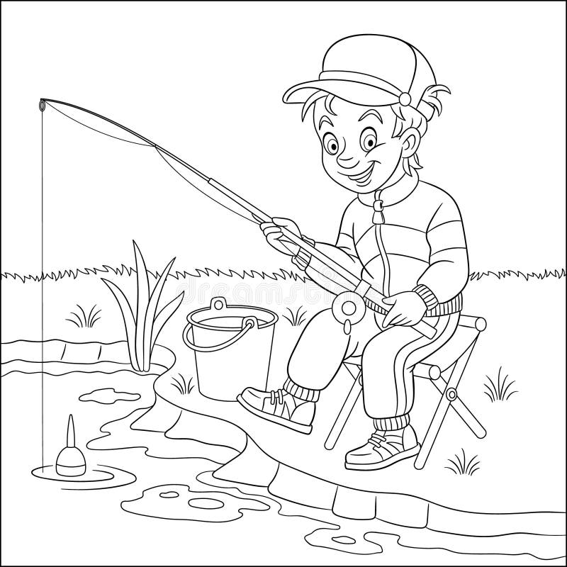 Coloring Page with Boy Fishing Stock Vector - Illustration of drawn