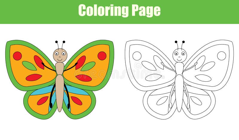 Coloring Page with Butterfly, Kids Activity Stock Vector - Illustration