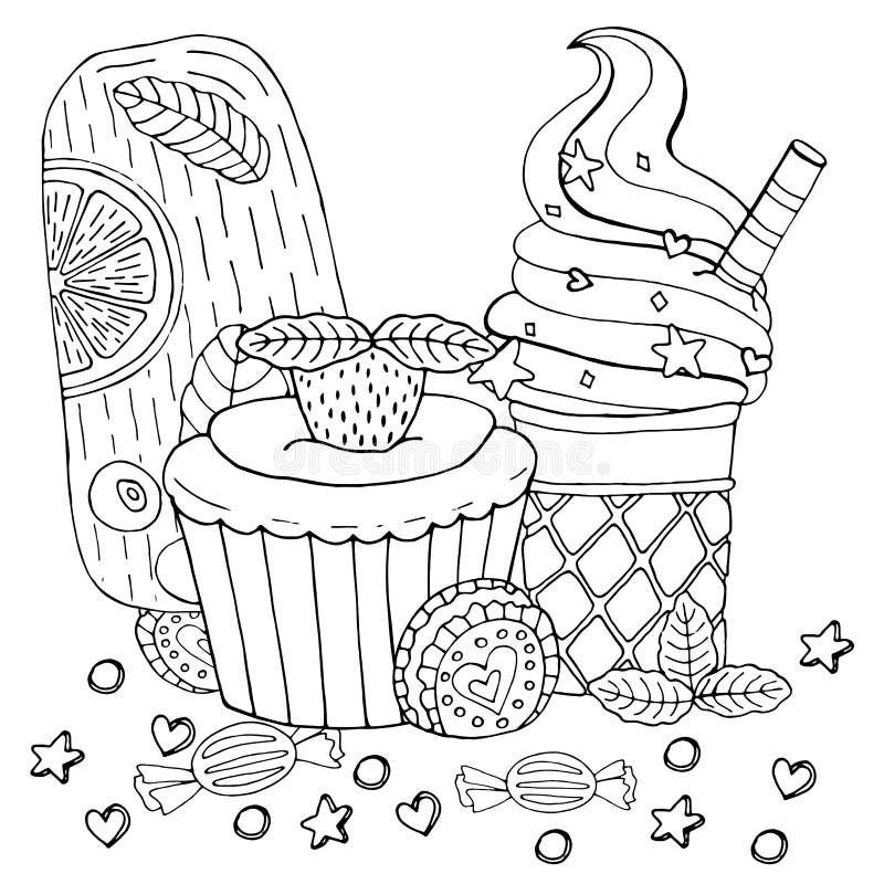 Coloring Page with Cake, Cupcake, Candy, Ice Cream and Other Dessert ...