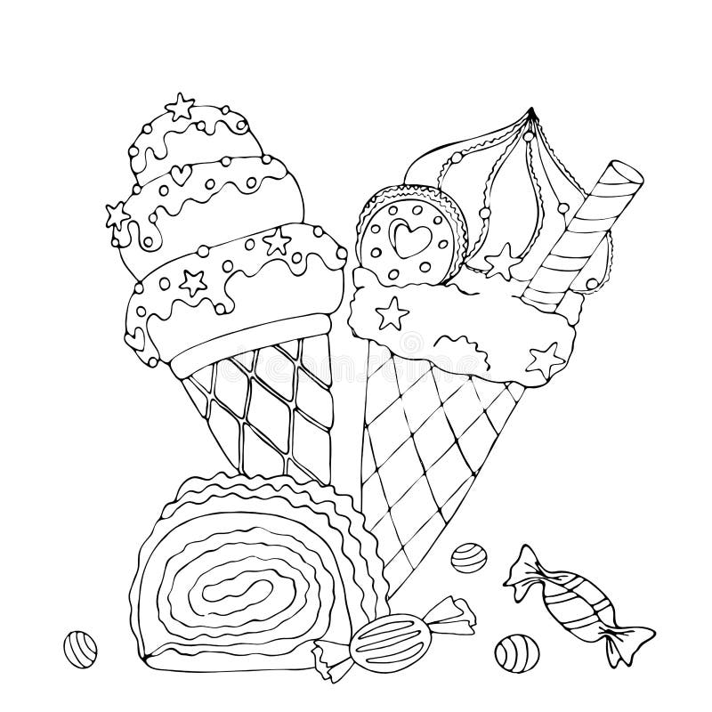 Download Coloring Page With Cake, Ice Cream, Cupcake, Candy And ...