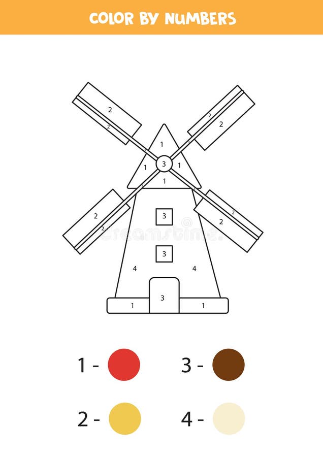Coloring page with cartoon mill. Color by numbers. Math game royalty free illustration