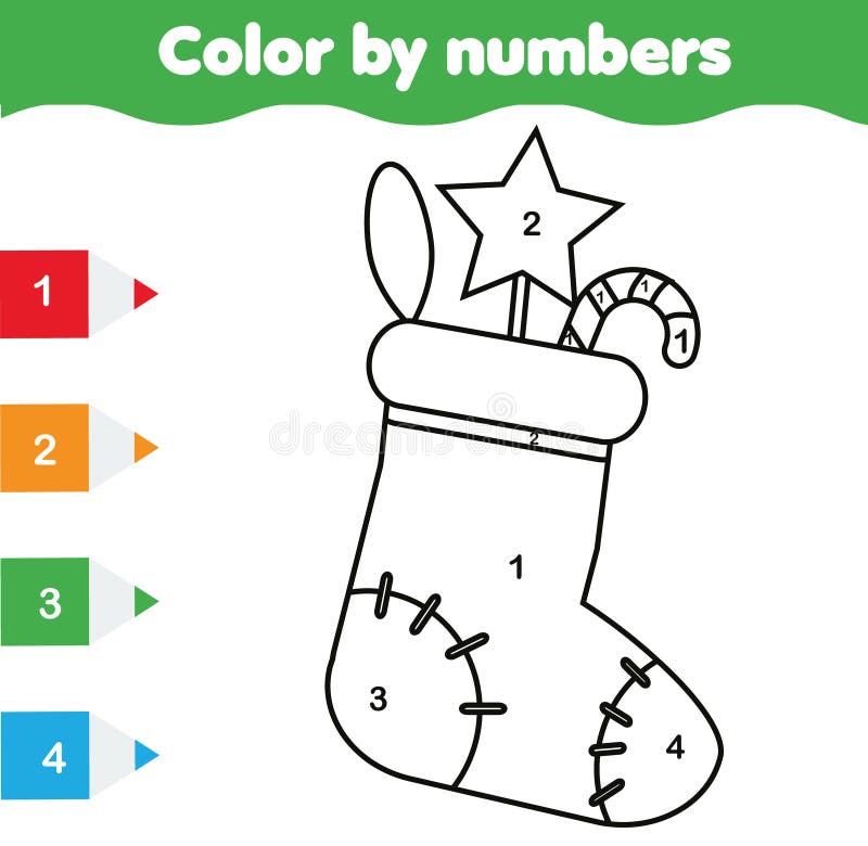 Coloring page with Christmas sock. Color by numbers educational children game, drawing kids activity. New Year holidays theme.