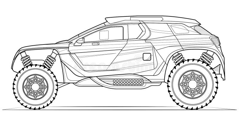 Coloring page vector line art illustration car for book and drawing. Black  contour sketch. Isolated on white background. High-speed drive vehicle.  Graphic element. Stroke without fill Stock Vector