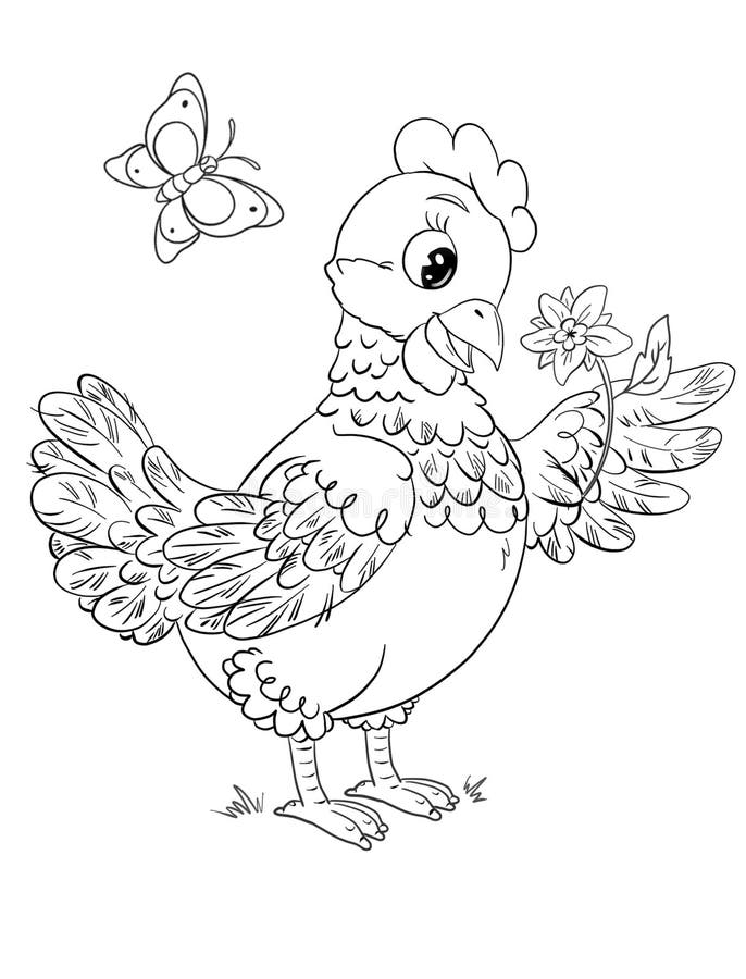 Coloring page with cute cartoon hen holding a flower on a white background vector illustration Coloring page with cute cartoon hen holding a flower on a white background vector illustration