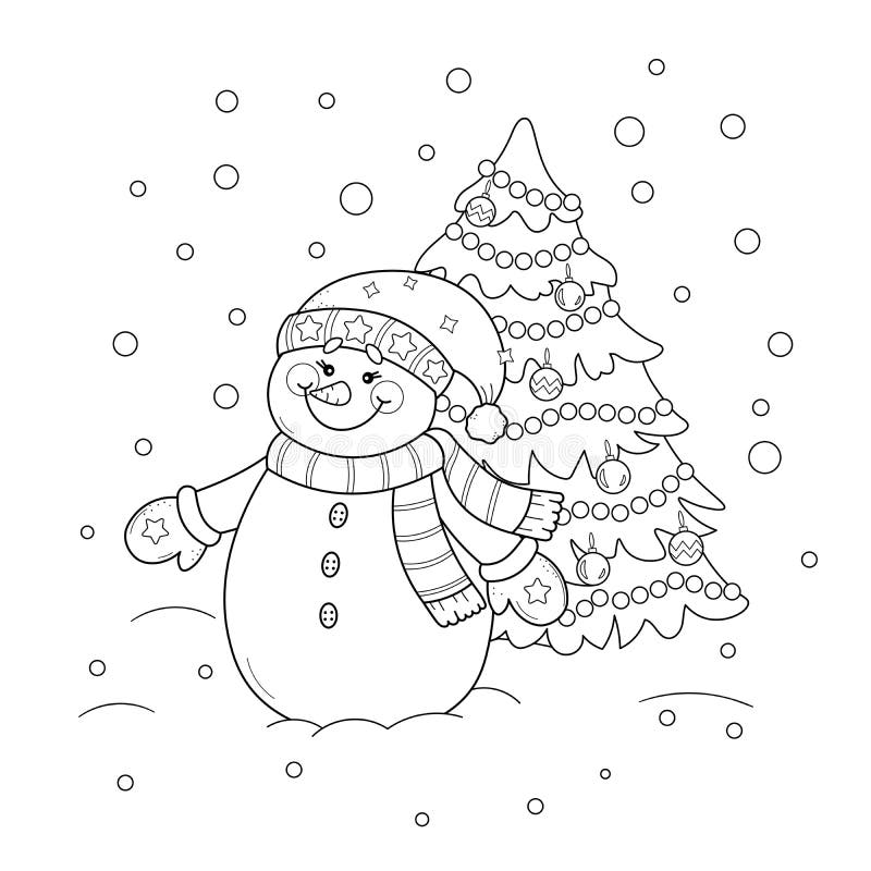 coloring page of a cute cartoon snowman with christmas tree
