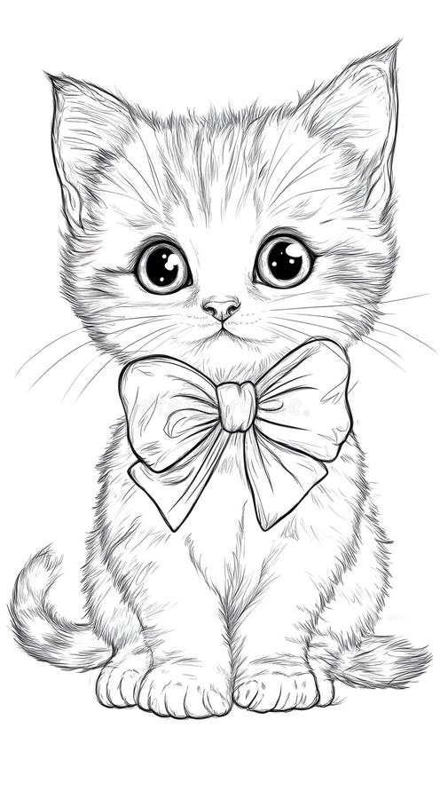 Coloring Page Cute Kitten Sitting with a Big Bow Stock Illustration ...