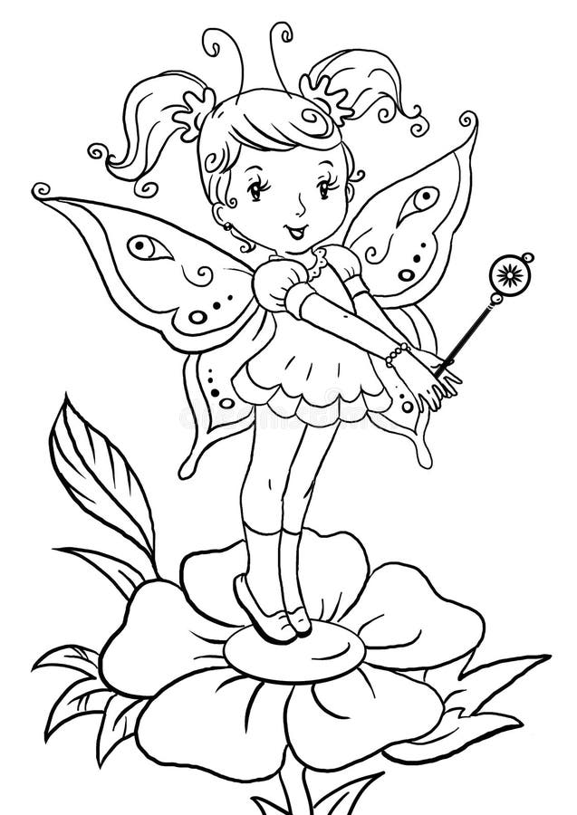 coloring page with cute little elf girl standing on a flower