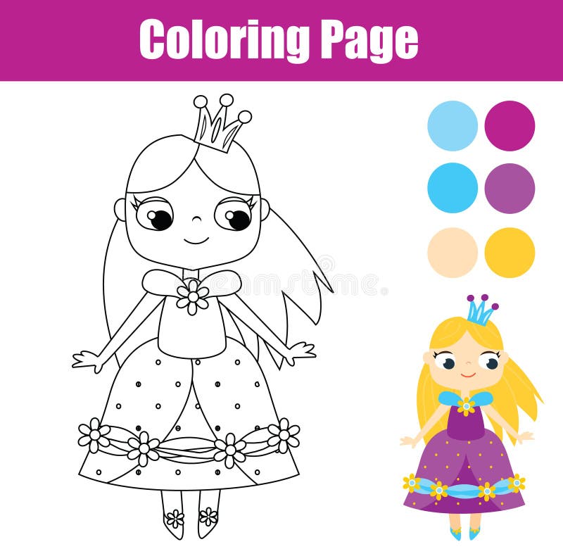 Coloring page with cute prnicess. Educational game
