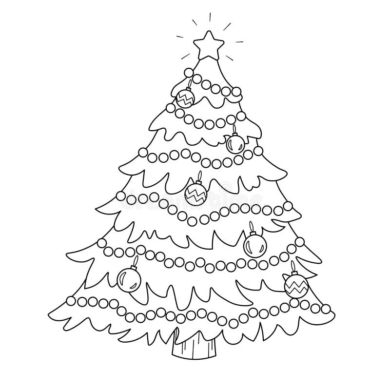 Coloring page of a decorated Christmas tree. Vector black and white illustration isolated on white background vector illustration
