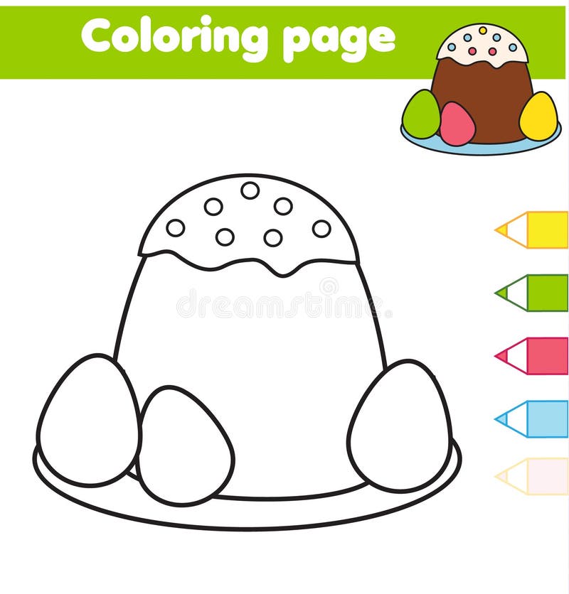 Coloring page with Easter cake and eggs. Drawing kids activity. Printable fun for toddlers and children