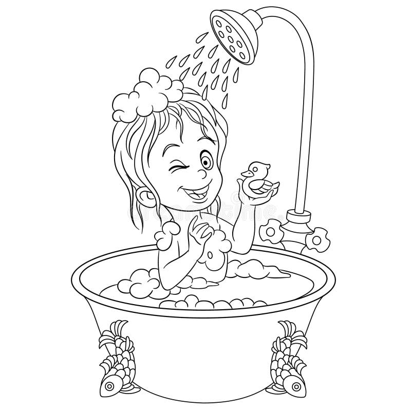 Coloring Page With Girl In Bathroom Taking A Shower Stock Vector Illustration Of Bath Care 158175601