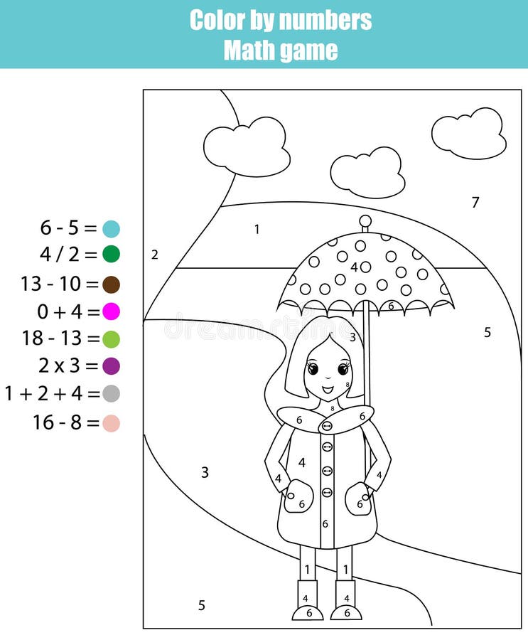 Coloring Page With Girl Color By Numbers Math Game Stock