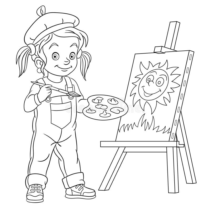 Coloring Page with Girl Drawing, Painting Artist Stock Vector -  Illustration of cartoon, activities: 170725223