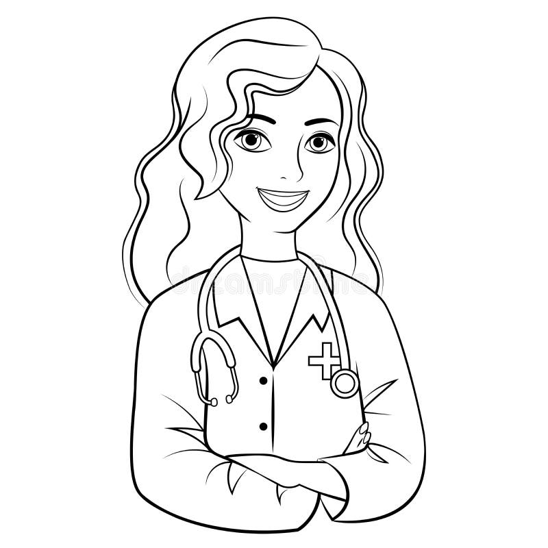 Coloring page outline of a beautiful doctor for kids. Vector image isolated on white background