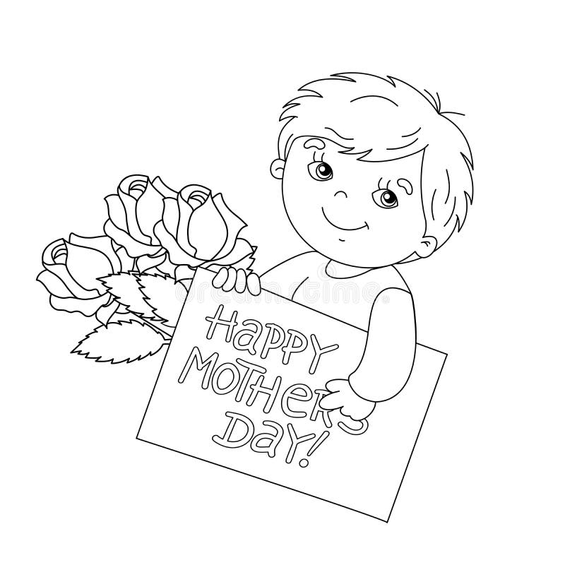 Download Coloring Page Outline Of Boy With Card For Mother S Day Stock Vector - Illustration of cute ...