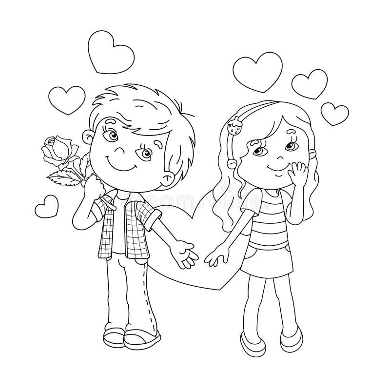 Coloring Page Outline Of Boy And Girl With Hearts Stock Vector Illustration Of Painting Gift