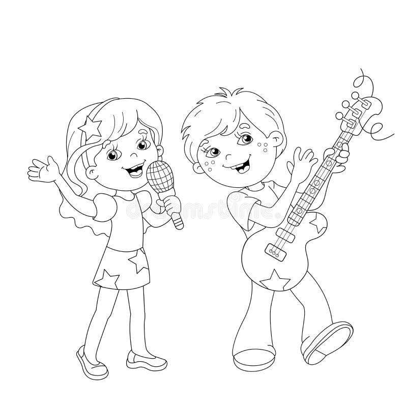 Coloring Page Outline Of Boy And Girl Singing A Song Stock Vector Illustration Of Book Line
